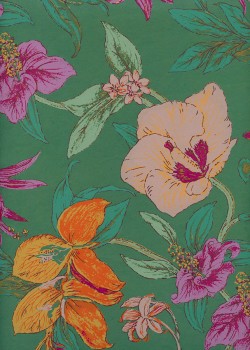 "Papier de coton" Tapisserie fleurs colorées fond vert (55x76)